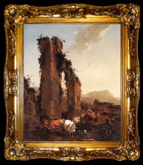 framed  BERCHEM, Nicolaes Peasants with Cattle by a Ruined Aqueduct, ta009-2